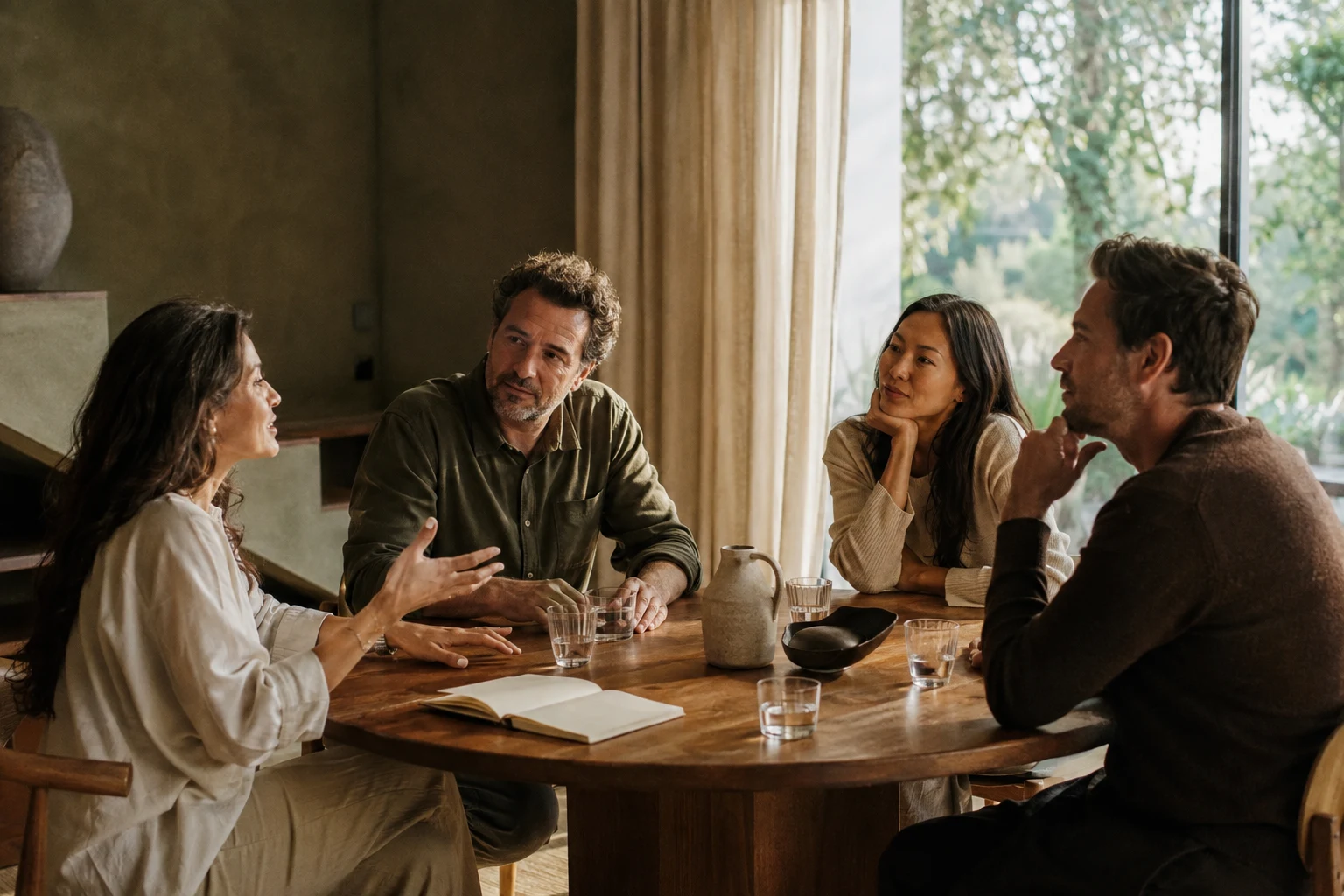 Scène illustrative de quatre personnes échangeant autour d’une table dans un lieu chaleureux.